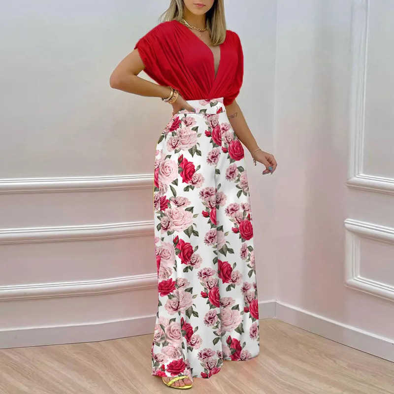 Women's Spring/Summer New Printed Bat Sleeve Top Wide Leg Pants Two Piece Set for Women 250315