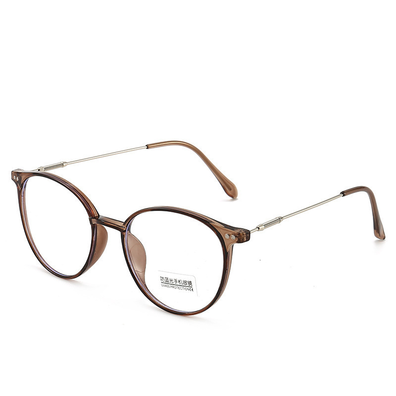 Round Anti Blue Light Flat Lens Cold Tea Colored Female Student Myopia Lens Frame Matched with Degree Bare Color Glasses Frame Women's Lightweigh