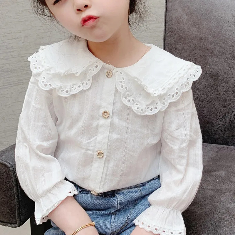 Spring and autumn girls childrens lapel shirt with sparkling sleeves long sleeved lace top clothing 18Y 250319