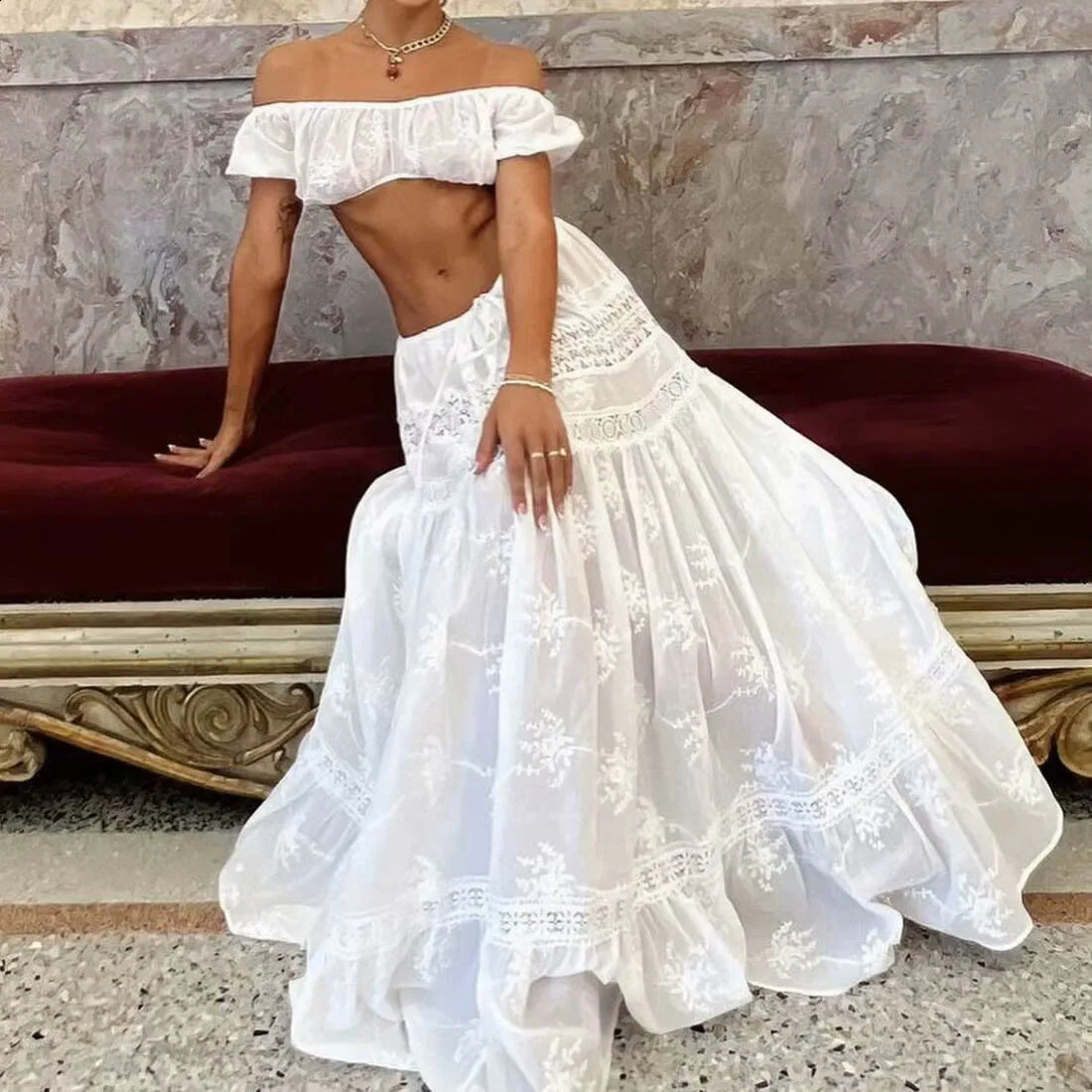 Boho Inspired Sexy Elegant Women Lace Embroidery White Long Skirt Vintage Elastic Waist A-line Summer Holiday maxi Skirts 250318