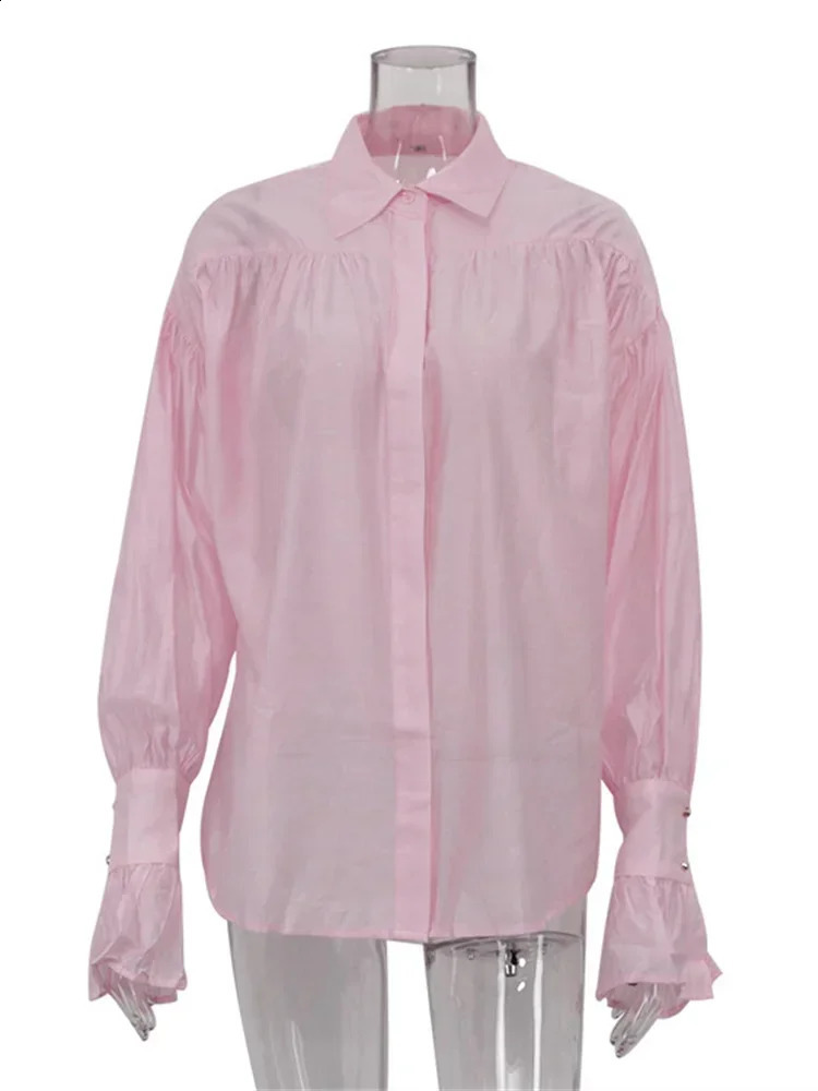 Tossy Casual Loose See-Through Shirts Womens Autumn Lapel Long Sleeve Patchwork Blouse Top Streetwear Female Solid Shirts Top 250317