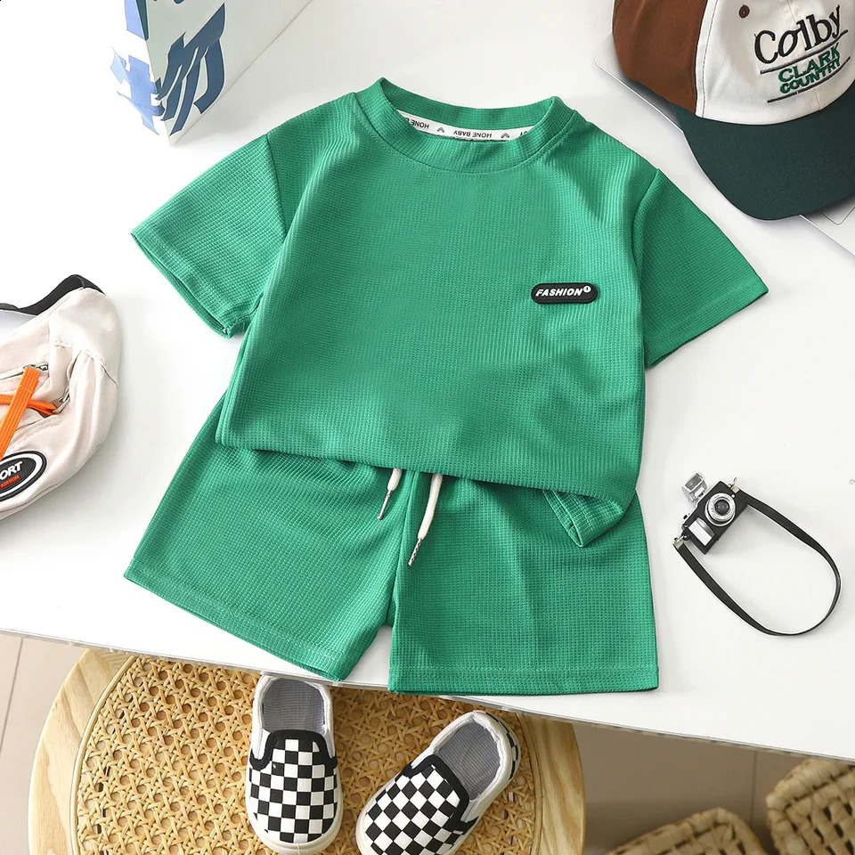 Childrens Clothing Set Fashion Boys Solid Color Summer Short Sleeve Suit Girls Casual T-shirt Shorts Suit 1 2 3 4 Years Old 250319