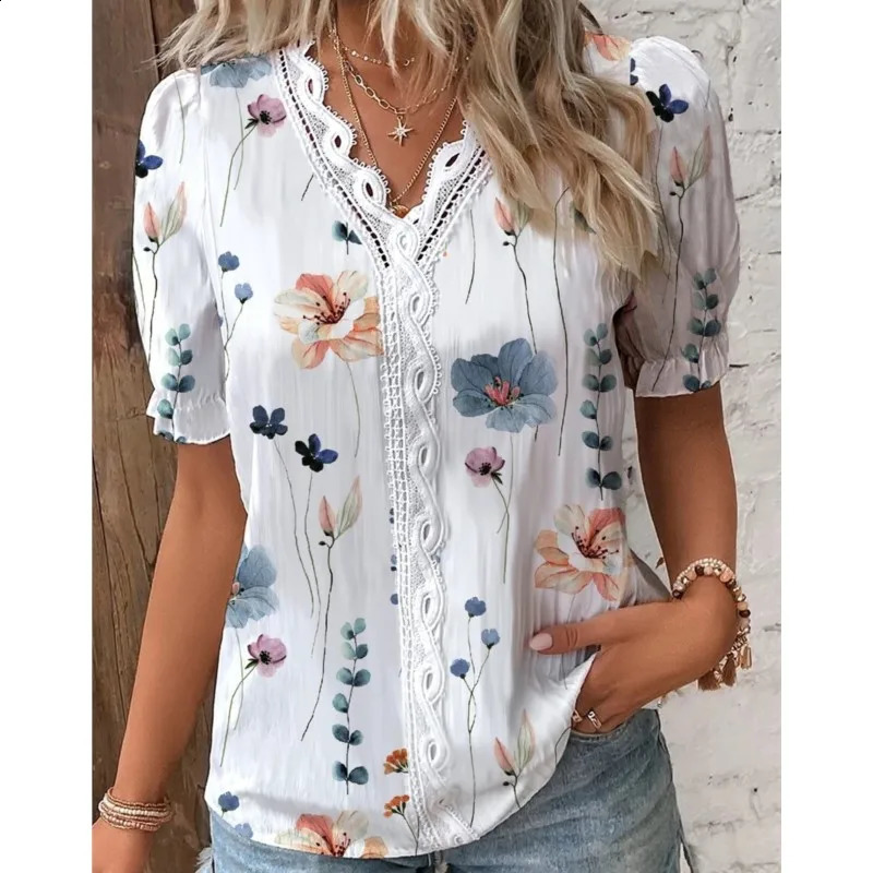 Summer Vneck lace decal printed womens shirt 2024 elegant office short sleeved floral zipper 250319