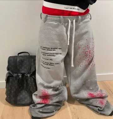 Y2K New Retro Double Waist Pants Street Fashion Red Stain Design Pants Men Hip hop Gothic Harajuku Loose Drawstring Sweatpants X250319