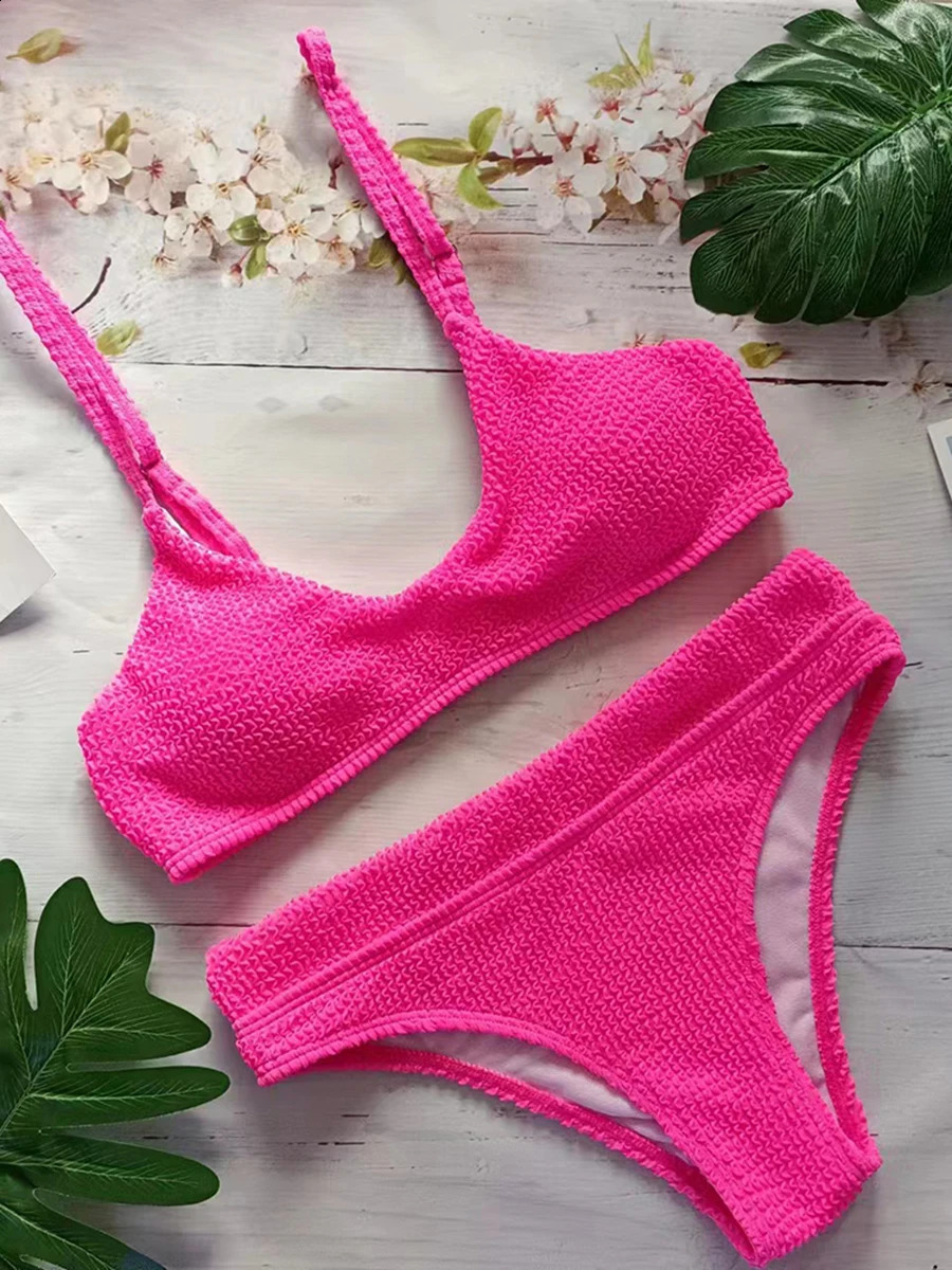 Solid Shoulder Strap Bikini Ribbed Swimsuit Womens Sexy Apron Swimsuit Womens Bath Swimsuit 250314