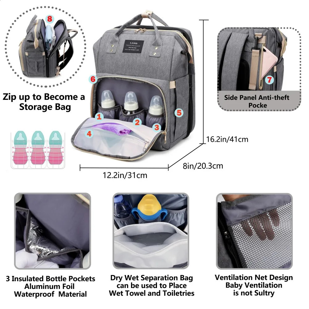 Mommy Bag Lightweight Portable Folding Crib Bed Large-capacity Travel Maternity Bags Baby Backpack Female Mommy Outting Bag 250319