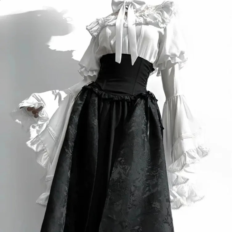 Japanese Kawaii JK Girl Cute Lolita Flare Sleeves Y2K Aesthetics Lace Patch Work Shirt Top Womens Fashion Blusas 250314