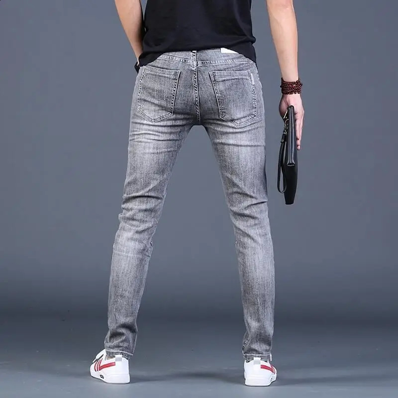 Luxury Mens Summer Thin Elastic Cotton Stretch Streetwear Denim Jeans 2023 Style Slim Fit Tapered Grey Casual Pants 250312
