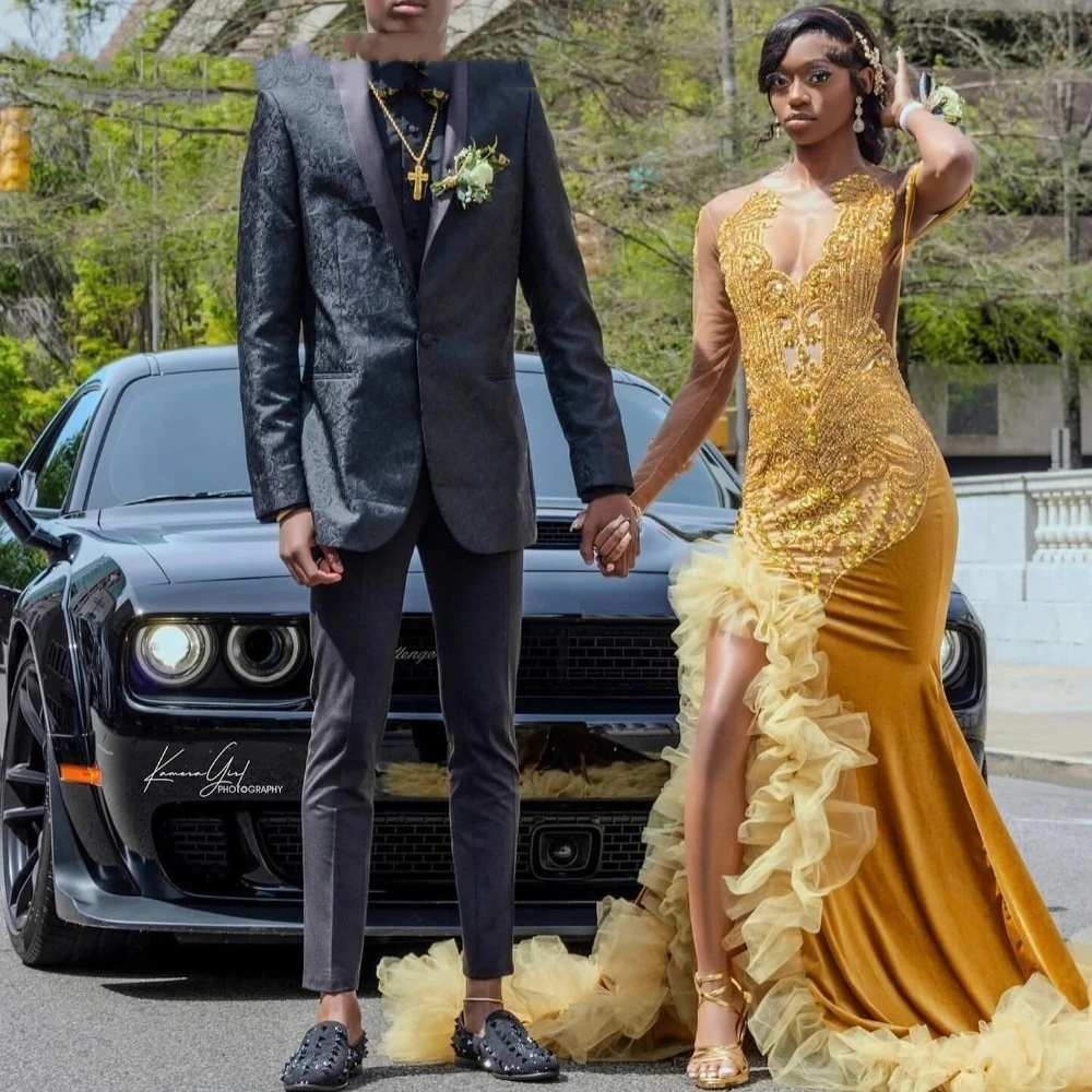 Luxurious African Gold Crystal Mermaid Prom Dresses Side Slit Ruffles Stylish Evening Gown Beaded Glitter Formal Party Events Dress