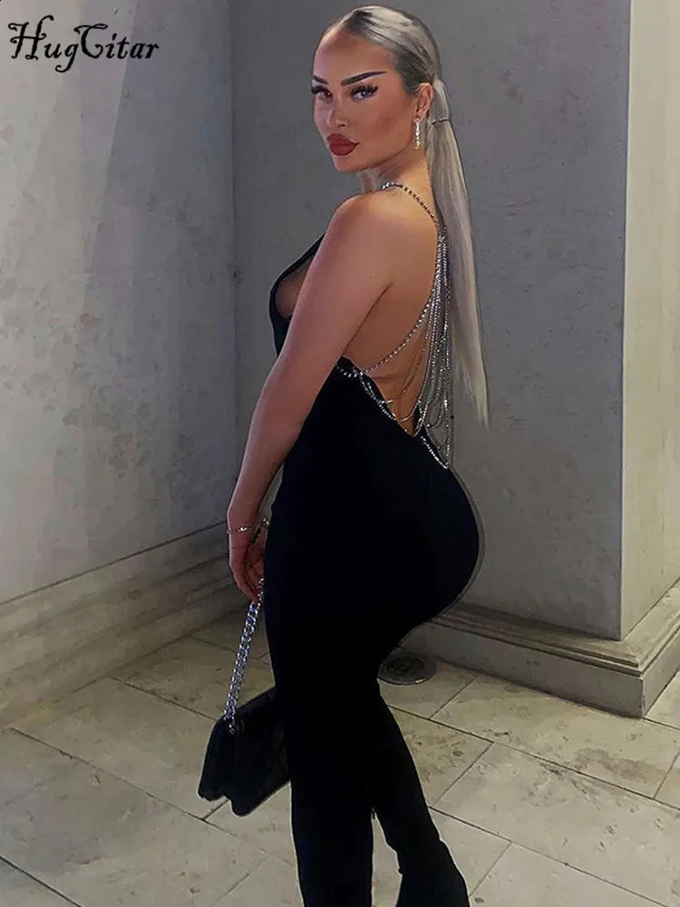 Hugcitar Women Fashion Black Sleeveless Backless Chains Sexy Bodycon Jumpsuit spring Party Festival Y2K Romper Overalls 250319