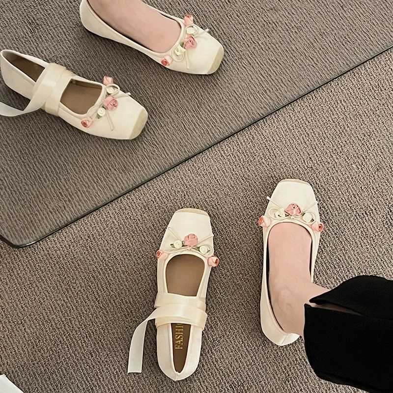 Luxury lace tie legs satin ballet flat shoes for women square toe bow elastic band ballet dancer women wedding flower shoesXJ250319