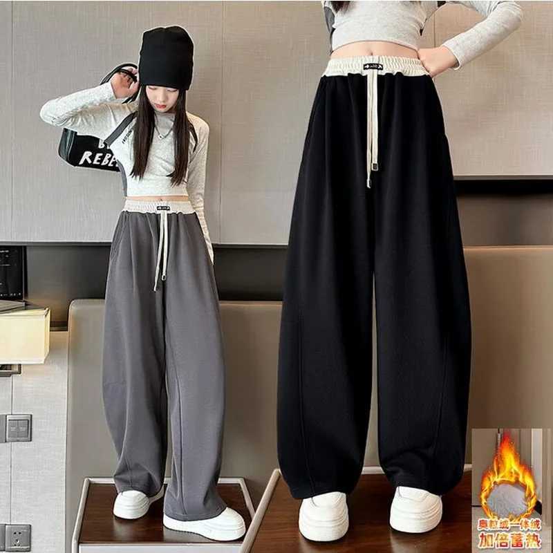 Girls Wide Leg Warm Insulated Pants Kids Loose Pants Children Straight Sweatpants 2024 High Waisted Winter Casual TrousersT250318