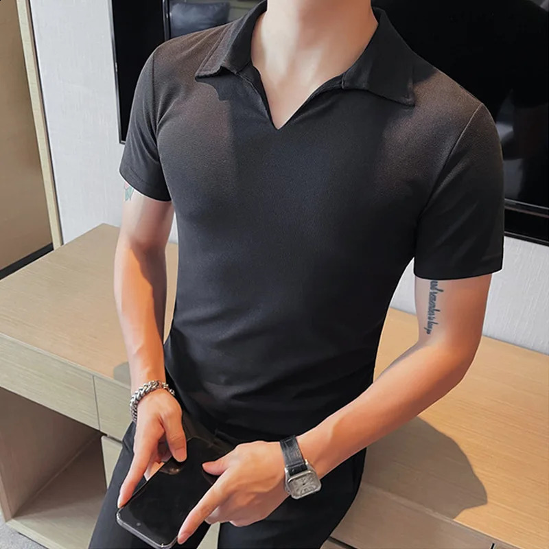 Summer mens jacquard knitted V-neck short sleeved polo shirt casual breathable fashionable high-quality knitted S-3XL 250318