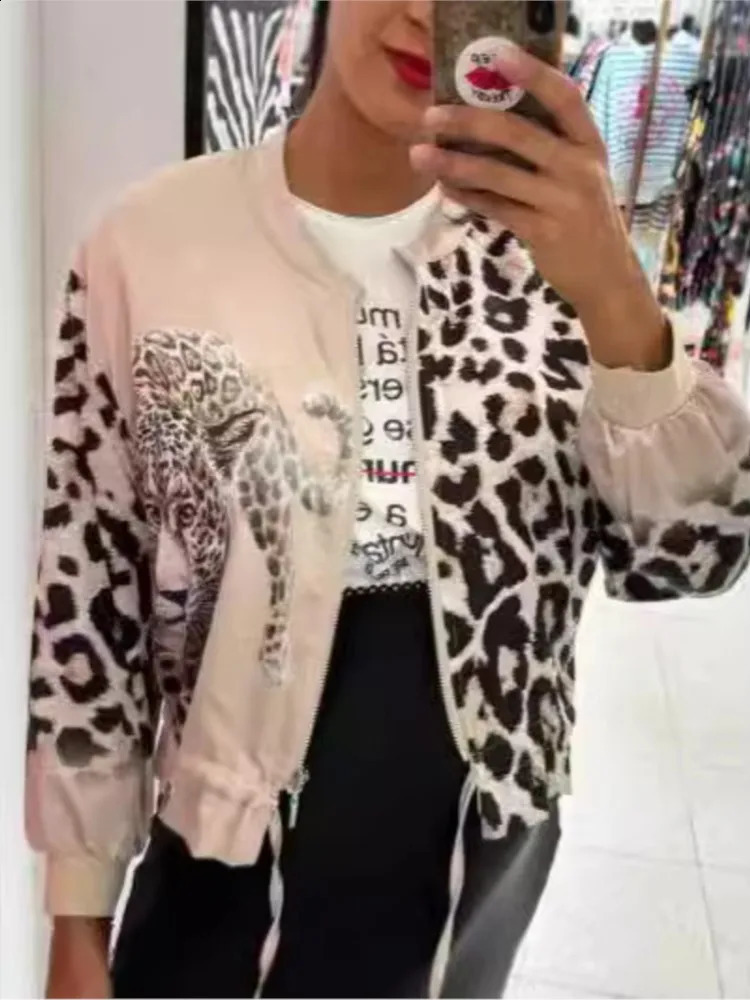 Retro womens leopard print jacket long sleeved zipper jacket O-neck spring/summer womens casual jacket 250317