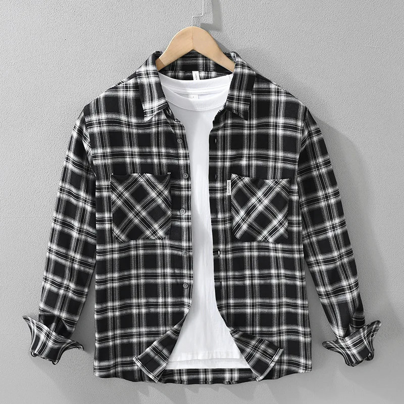 Mens Japanese Style Long-sleeved Shirts Casual Checkered Single-breasted Shirts With Chest Pockets Man Workwear Tops 250314