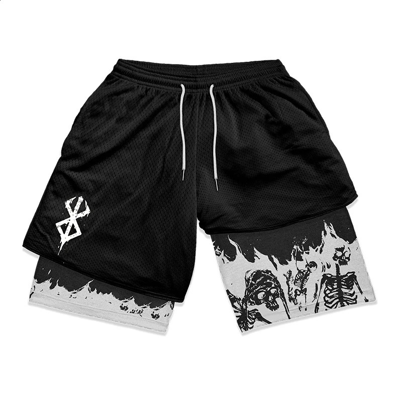 Mens 2 in 1 Running Shorts Anime Graphic Athletic Gym Workout Shorts with Compression Liner Pockets Summer Quick Dry Stretchy 250319