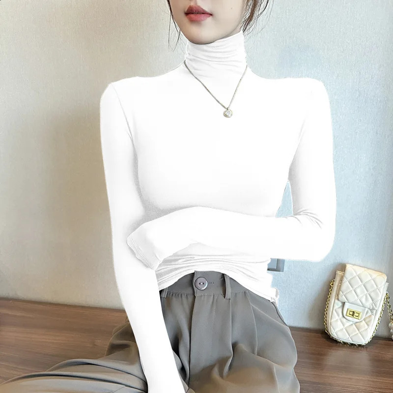 Wxw3624 long sleeved womens solid color turtle neck T-shirt with ultra-thin Korean black and white gray brown T-shirt pattern for women 250314