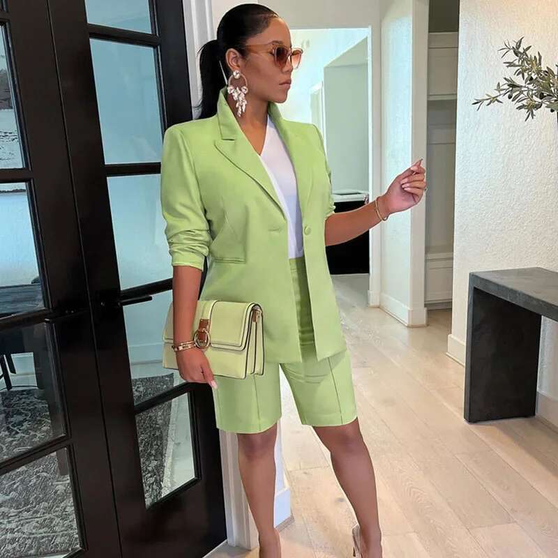 Solid Casual Two Piece Set For Women Matching Sets Outfits Long Sleeve Blazer Coat And Shorts Office Lady Elegant Business Suits