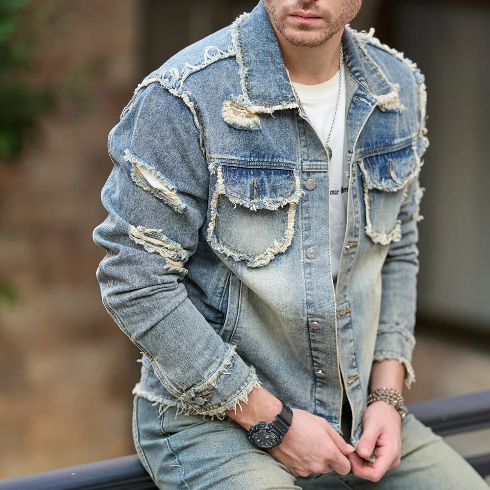 Men Autumn Streetwear Fashion Solid Ripped Slim Denim Jacket High quality Male Holes Casual Coat 250317