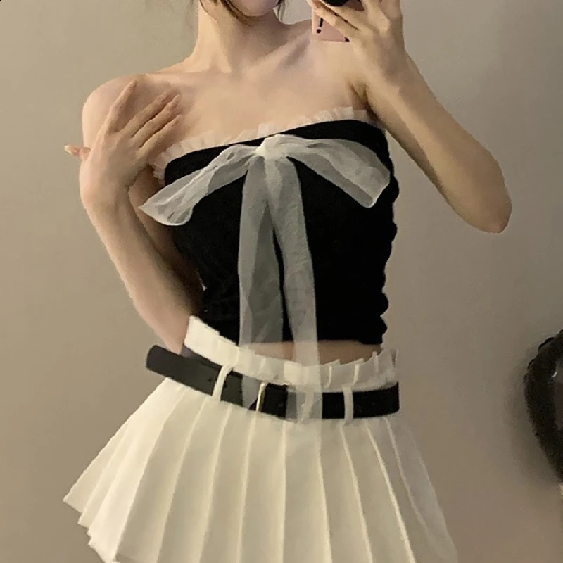 1Pc summer sexy strapless vest womens bow lace patch work sleeve ultrathin knitted top 250319
