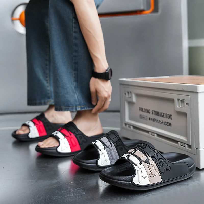 Mens slide fashionable straight slide indoor slide air bath slide outdoor sports beach soft bottom slide Y250320