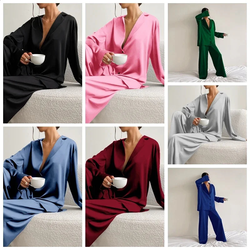 Sexy Low Cut Fashion Pajamas Set For Women Loose Casual Long Sleeve Trouser Suits Satin Silk Female Home Fitted Tops 2-Piece Set 250319