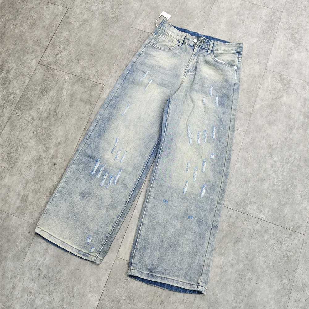 Yao888 Cleanfit style washed vintage casual pants wide leg pants with ripped holes and loose pockets for streetwear unisex mens jeansT250319