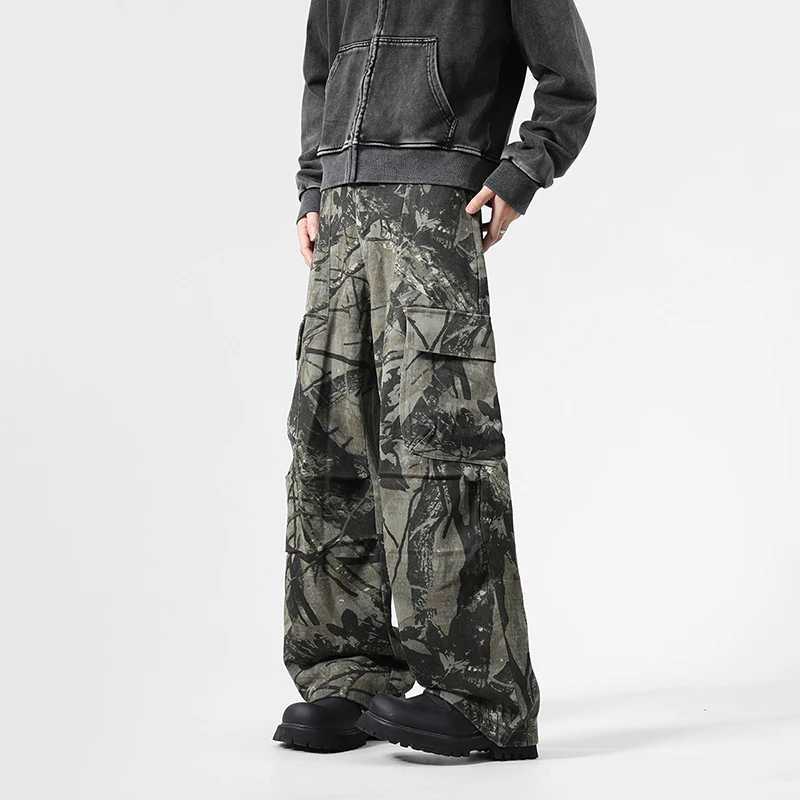 Vintage Leaf Pattern Camouflage Cargo Pants High Street Tide Design Tie-Dye Trousers Side Large Pockets Baggy Casual PantsT250319