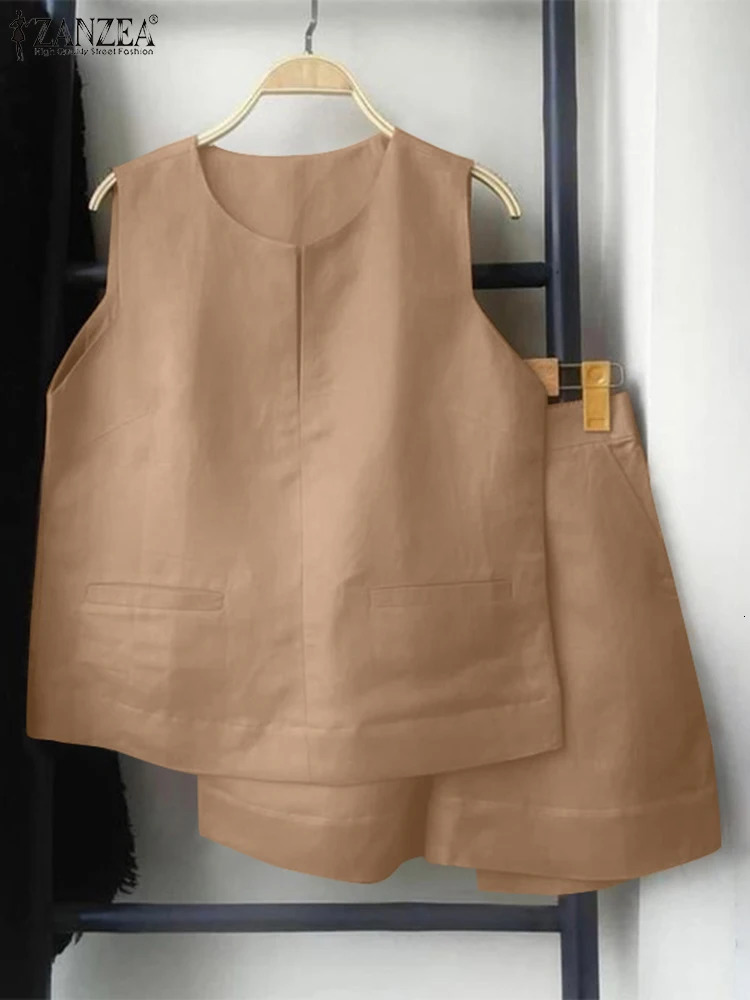 ZANZEA Womens Summer Solid Track Set Sexy Pocket 2piece Casual Loose Sleeveless Tank Top and Shorts Fashion Matching 250320