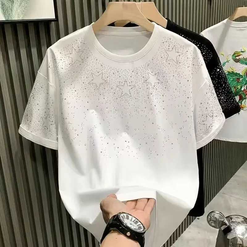 Fashion Trends European Style Luxury Mens Short Sleeve T-shirt Star Embroidery Diamond Mesh Dividend Base Half Sleeve T-shirtT250319