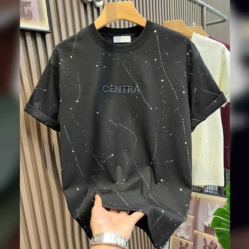Fashion brand splash ink embroidered short sleeved T-shirt mens 2025 summer new fashion casual round neck half sleeved topT250319