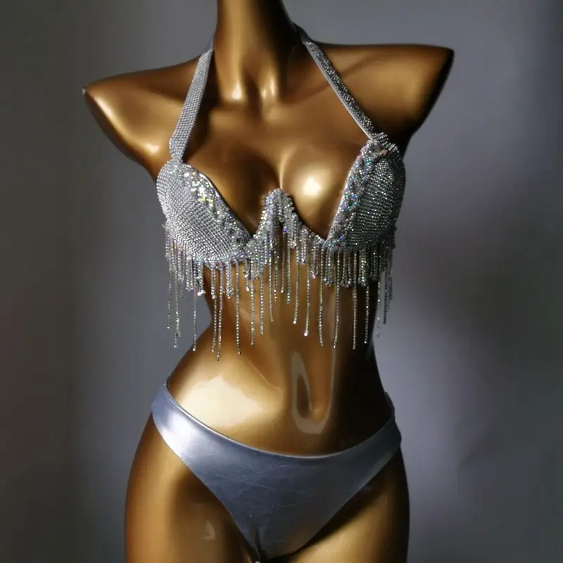 Diamond Fringe Bikini Summer Nightclub Fashion Backless Sequin Fringe Deep V Two-piece Burst Glitter Halter Bikini Set 250317