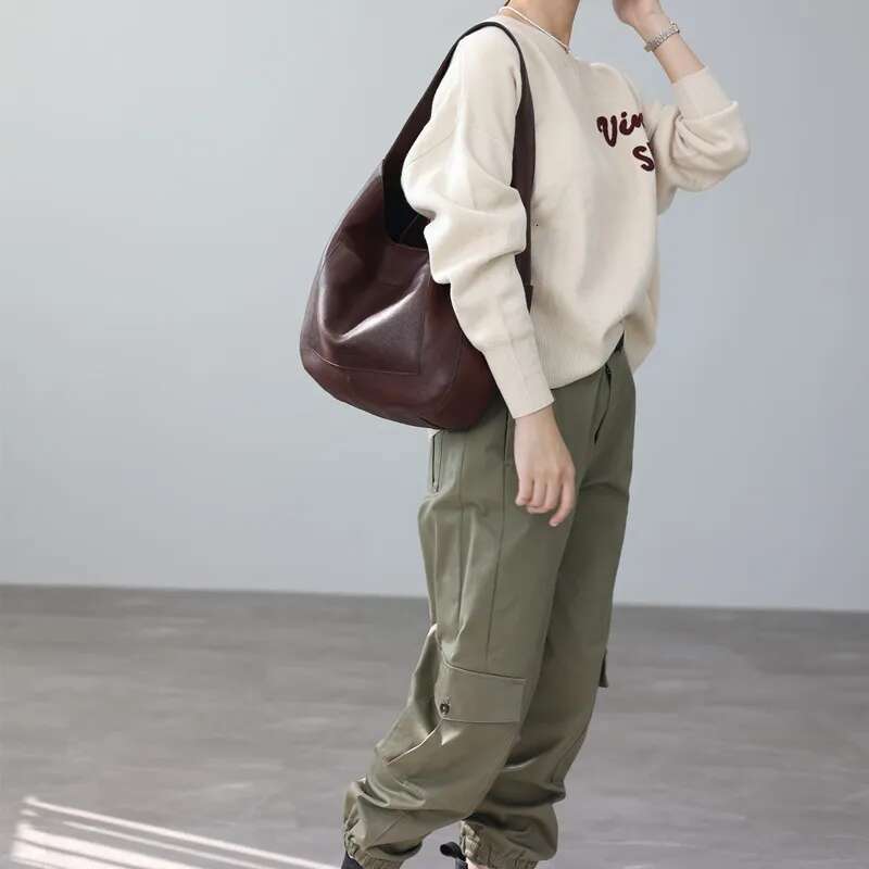 Women's Genuine Leather Shoulder Bag Large Capacity First Layer Cowhdie Handbag With Zipper Pocket Vintage Casual Hobo Bags