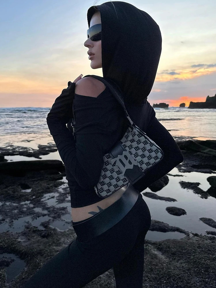IAMSURE Elegant Fashion Gothic Solid Hooded Cropped T Shirt Dark Slim Slash Neck Long Sleeve Tees Women Summer Streetwear 250320