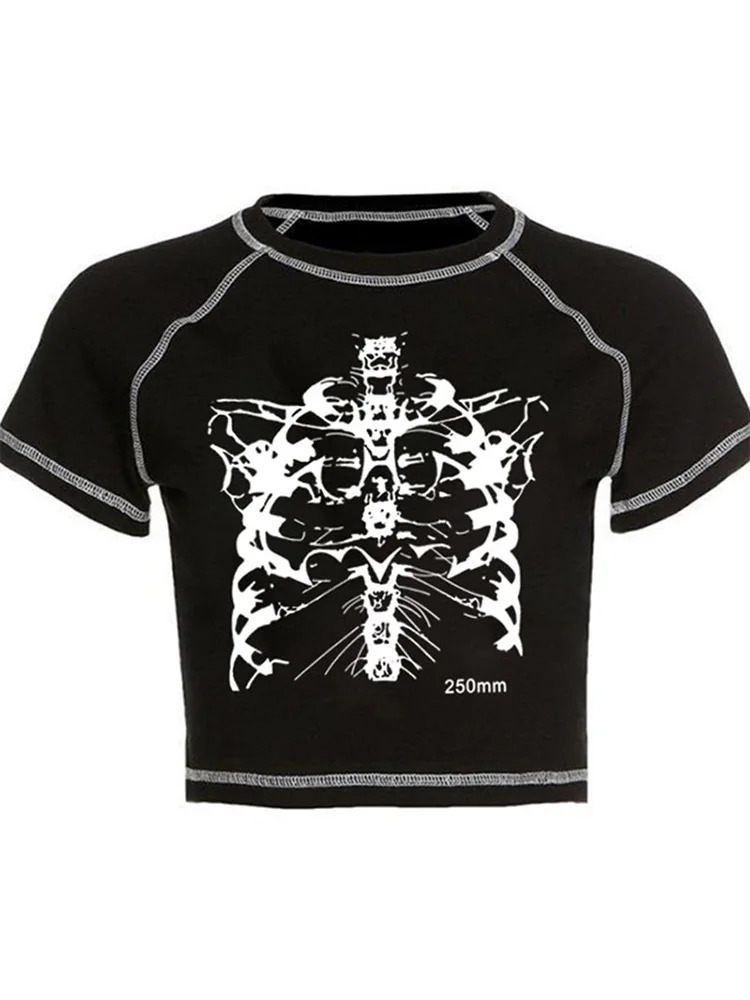 Y2K black sweet slim skull print fun vintage graphic clothes crop top E- 250320