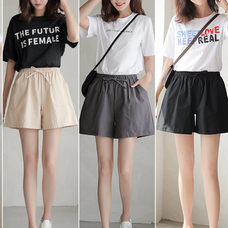 Cotton And Linen Shorts Lace-up Elastic Waist Loose Sports and Short Wide Leg Pants Pockets Women Clothing Casual Solid Thin 250320