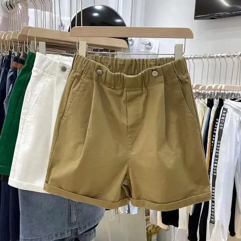 Womens Summer Shorts 2025 Beautiful Cotton Wide-leg Shorts Casual Solid Green Khaki Button Elastic Waist Denim Shorts Women 250320