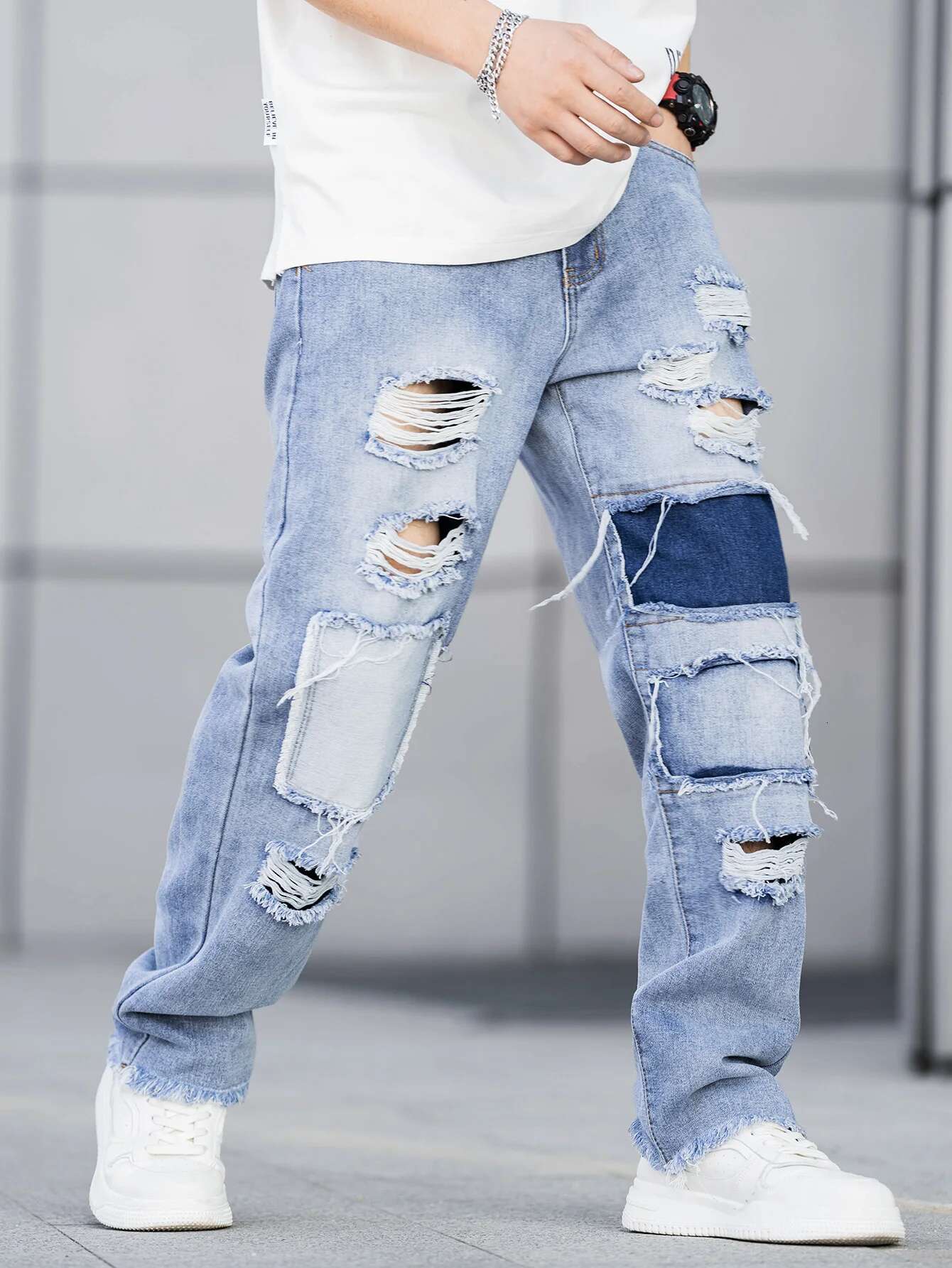 Designer Jeans For Men Repairing Holes In Men's Clothing Niche Loose Fashion Blue Casual Pants, Elastic Men's Clothing 2025 Fashionable Tren