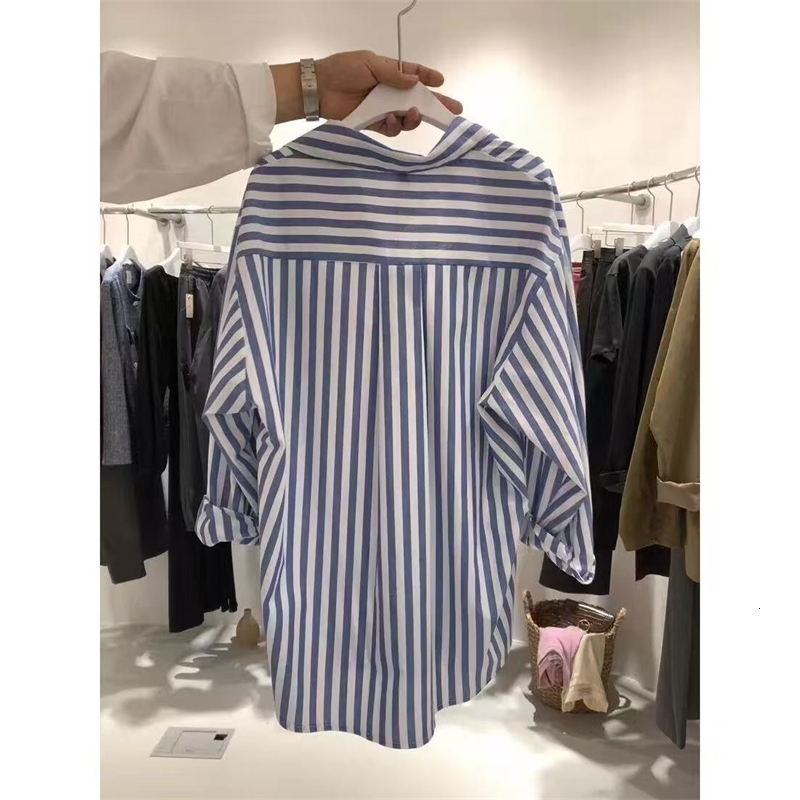 Spring Koeean Loose Casual No Size Small Fresh Vertical Blue Long Sleeve Womens Coat y250319