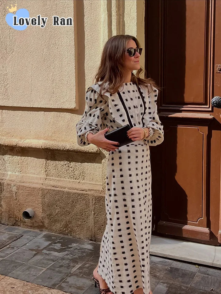 Elegant Puff Sleeve Folded Round Neck Shirt Maxi Tight Fashion Curly Edge Printed Set Womens Commuting Holiday 250320