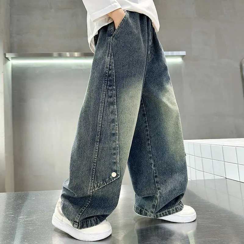 Teenage boys cargo jeans for spring and autumn new childrens wide leg denim pants large childrens straight spring jeans A78T250326