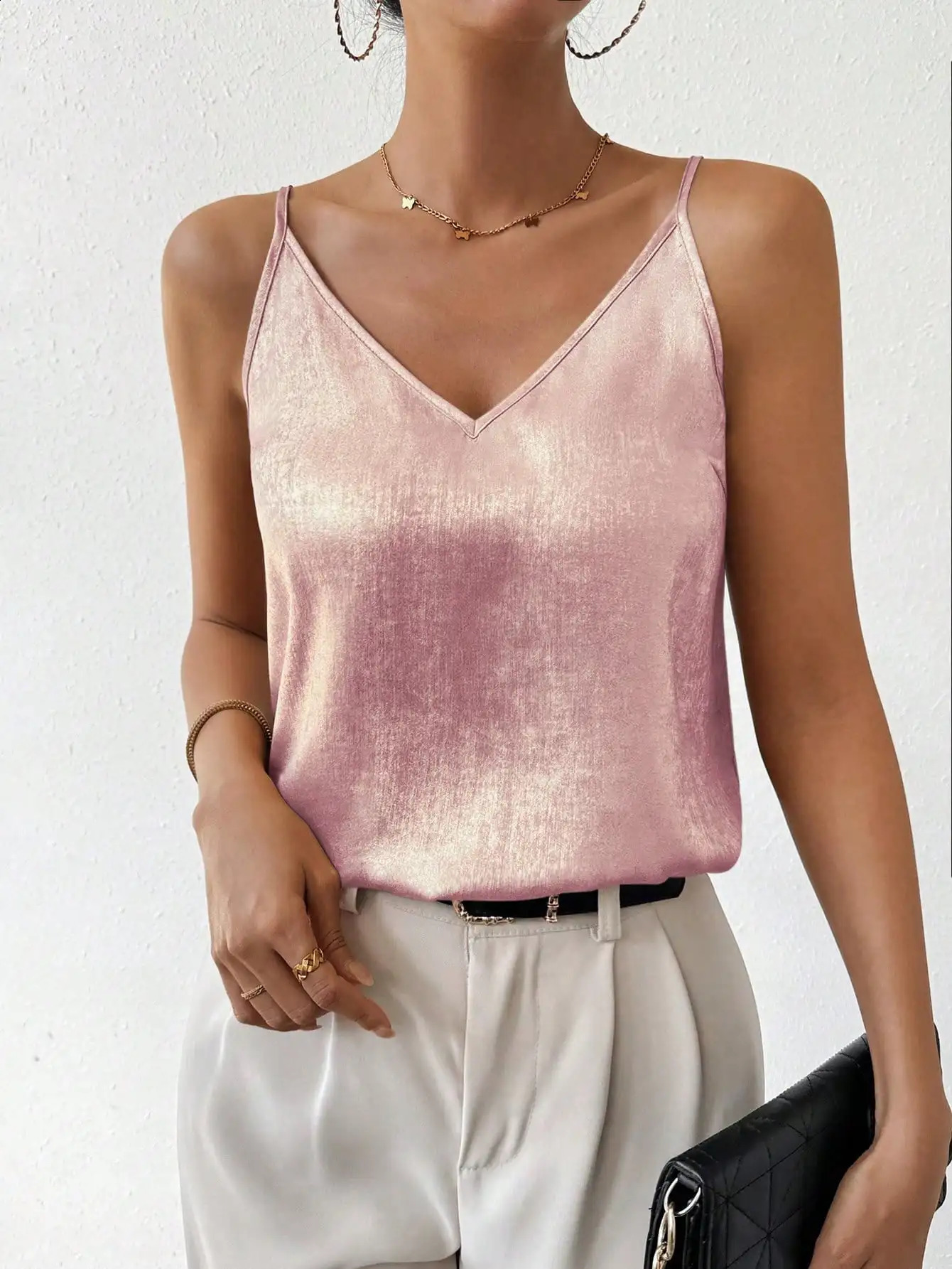 Casual and elegant womens vest thin strap solid color sparkling 250319