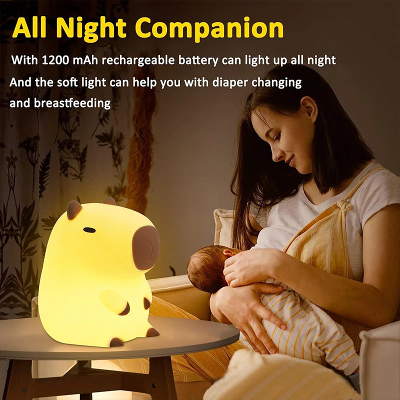 Cute Capybara Night Light Childrens Silicone Nightlight Gift USB Rechargeable Animal Touch Bedside Sleep Lamp Decoration 250319