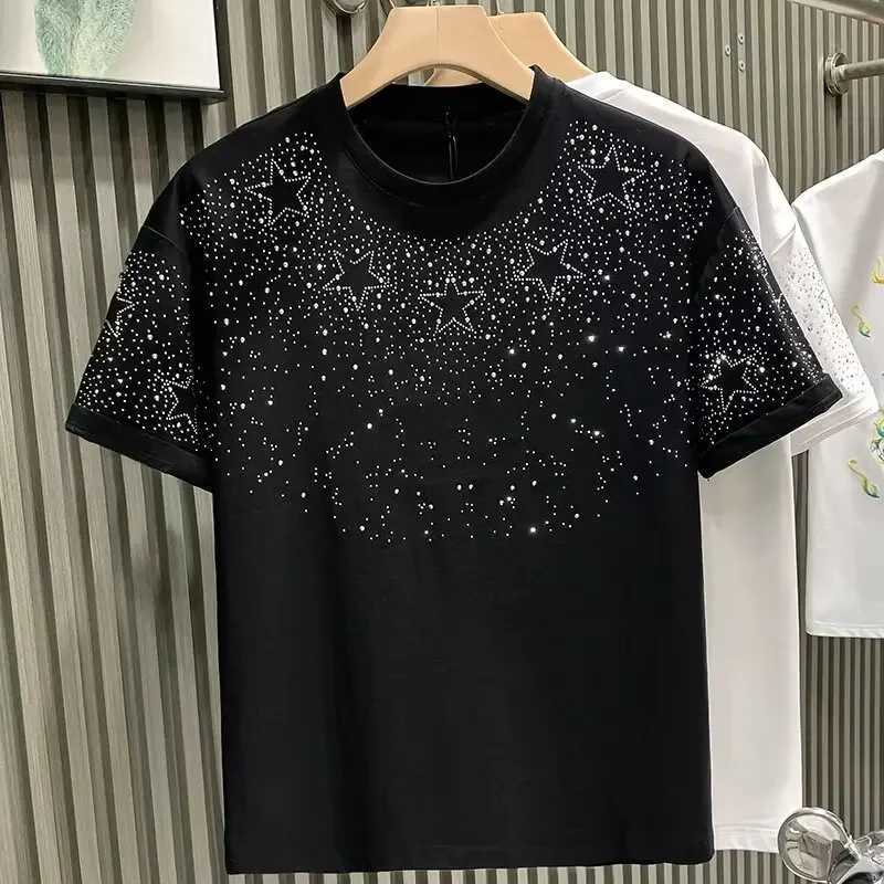 Fashion Trends European Style Luxury Mens Short Sleeve T-shirt Star Embroidery Diamond Mesh Dividend Base Half Sleeve T-shirtT250319