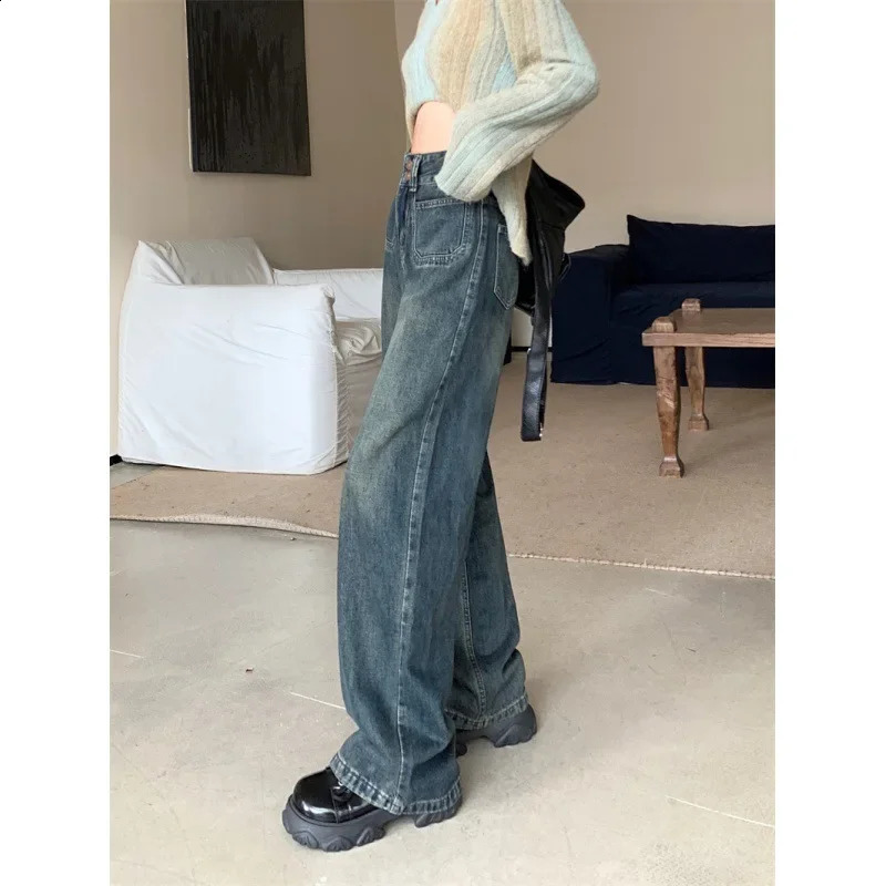 Autumn Plus Size Straight-Leg Jeans High-Waisted Draped Loose-Fit Bell Bottoms Casual Style For Plump Women 250319