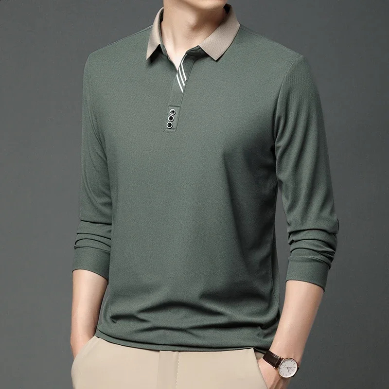 Mens business casual long sleeved solid color polo shirt fashionable breathable and comfortable Versatile top 250318