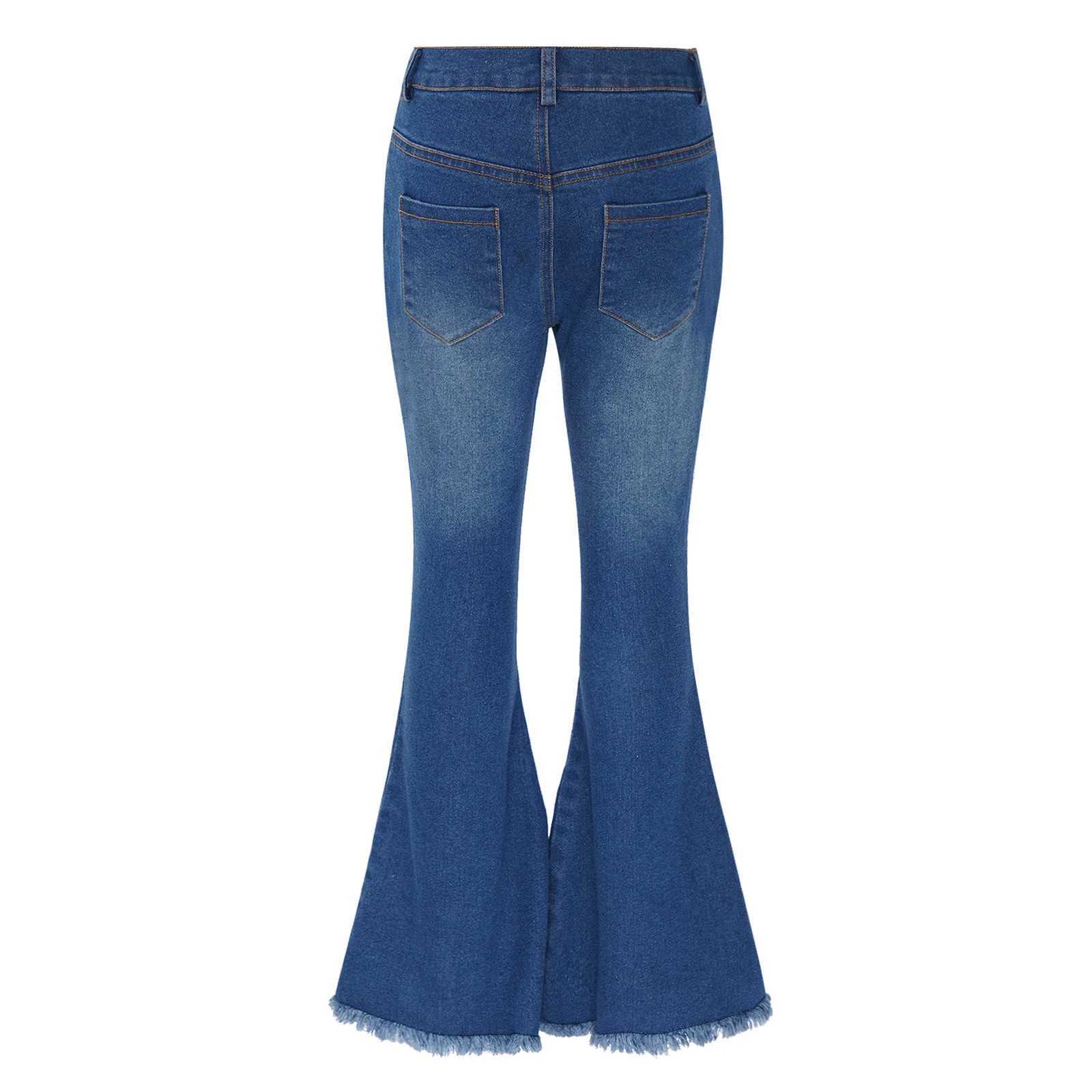 Children and Girls Tearing Flash Jeans Casual Fashion Clothing Zipper Closed Denim Cloth Bell Bottom Pants Korean Bell Bottom TrousersT250326