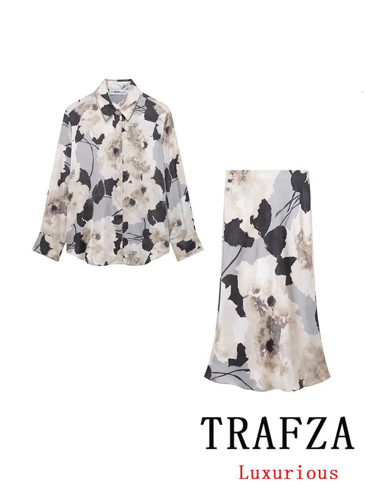 TRAFZA Retro Casual Chic Satin Womens Set Flower Printed Long Sleeve Shirt Fashion 2025 SpringSummer Silk 250320