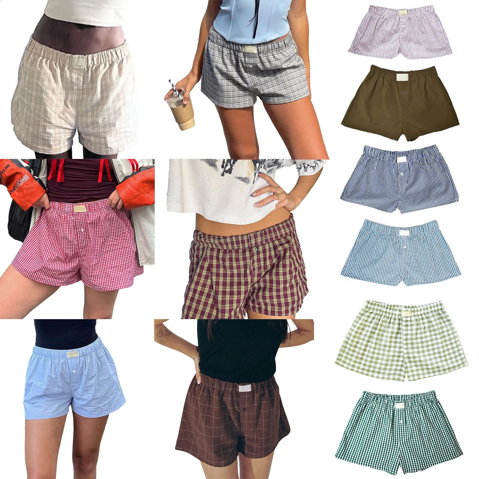 Women Y2K Retro Cleanfit Plaid Print Elastic Low Waist Button Front Aesthetic Loungewear Loose Shorts Boxers Streetwear 250319