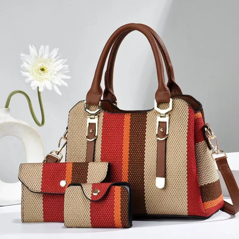 3 Piece Set Womens Bag 2024 Summer Large Womens Handbag with Wallet Vertical Stripes Womens Shoulder Crossbody Bags 250314